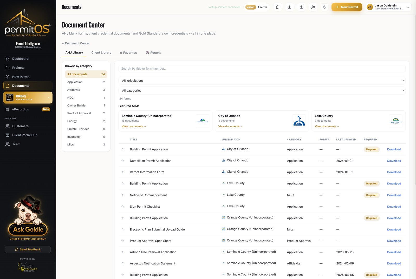 The permitOS Document Center: AHJ blank forms filterable by jurisdiction and category, alongside client credential documents.