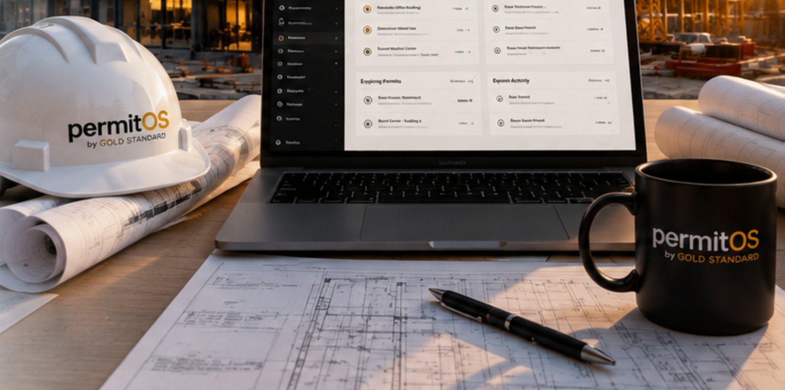 A permitOS hard hat, rolled construction drawings and a laptop showing the permitOS project dashboard on a desk at a commercial job site