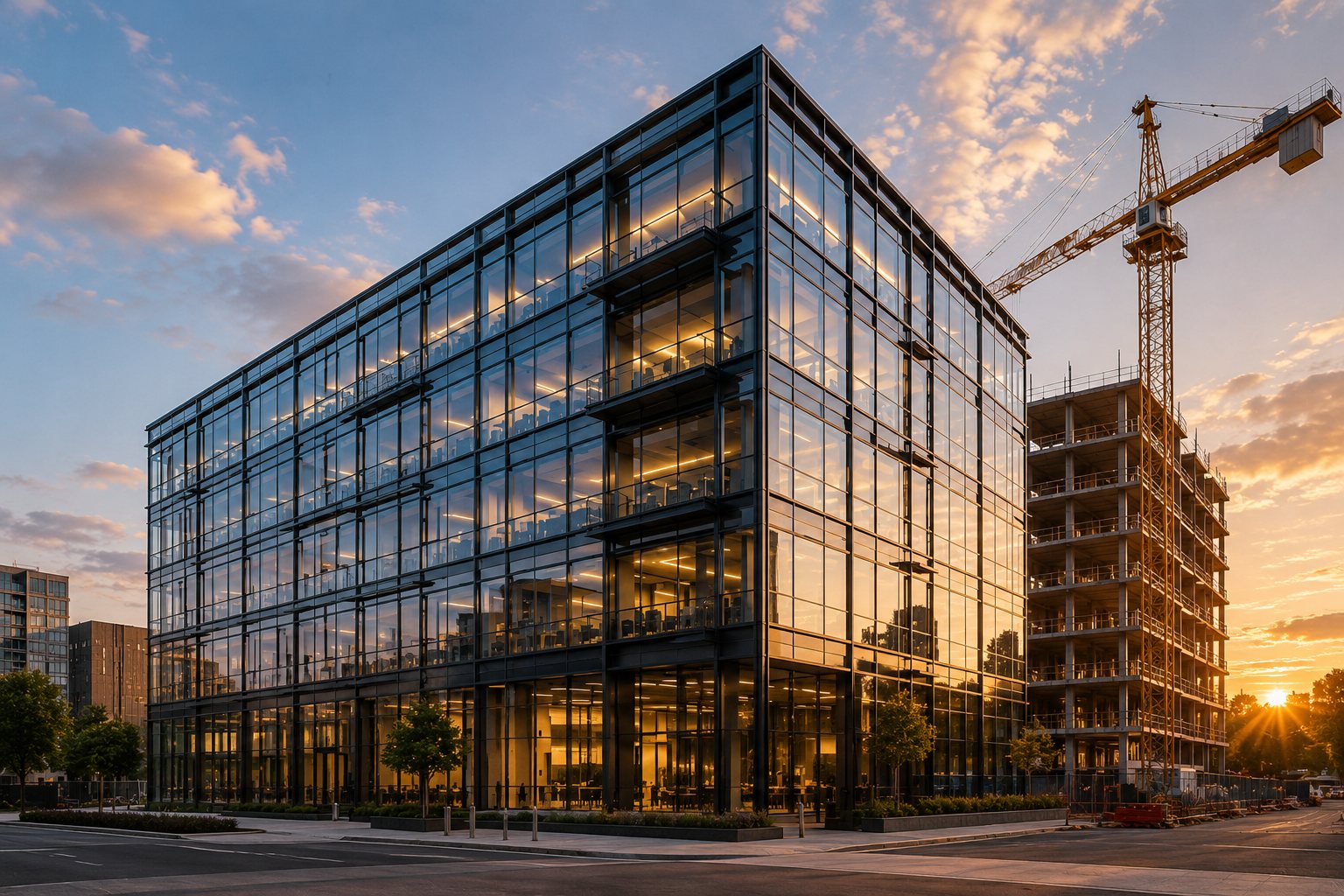 A completed glass-and-steel commercial office building at sunset beside a tower crane and a structure still under construction