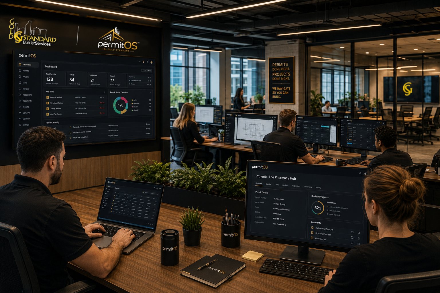 Concept rendering of a permitOS workspace: wall display showing a permit dashboard, with project and review screens at each desk