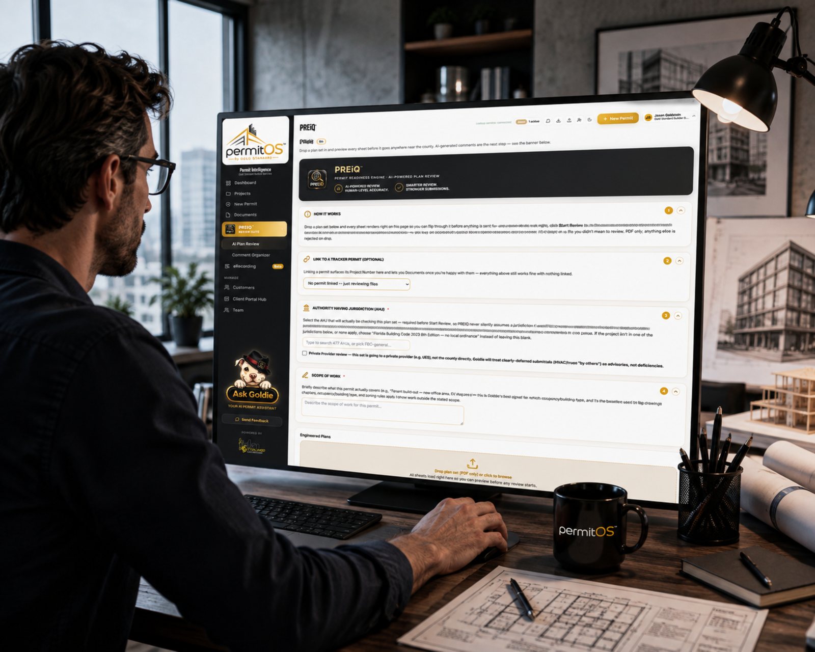 Concept rendering of the PREiQ plan review screen: a plan set queued for review with the authority having jurisdiction selected