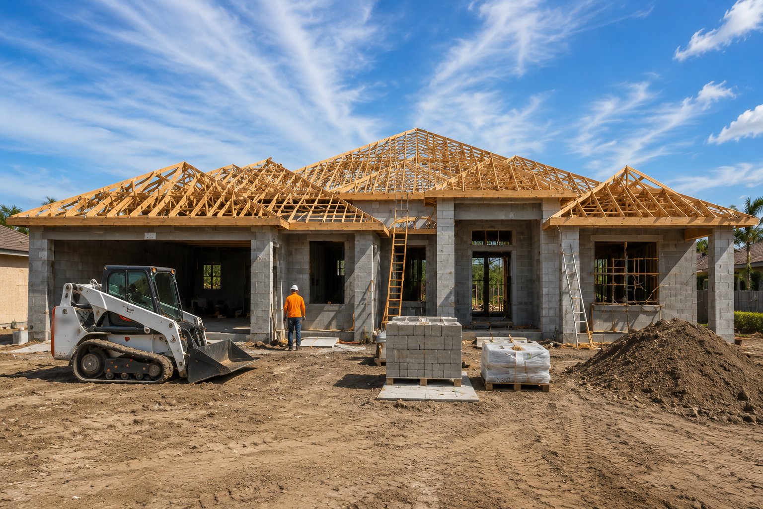 A Florida single-family home under construction: concrete block walls on slab with wood hip roof trusses set, a skid steer and block pallets on the lot